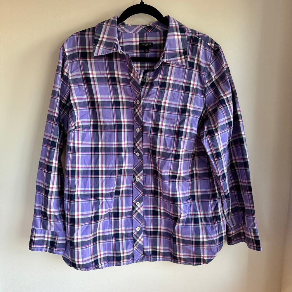 Talbots Plaid Cotton Shirt Top Purple Collared Button Front Long Sleeve Sz 1X